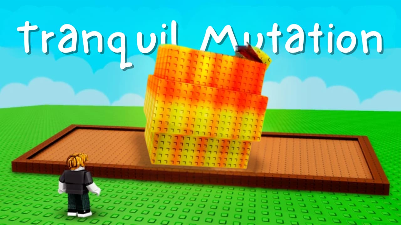 Roblox-style scene showing a player character standing in front of a large, orange-and-yellow blocky fruit structure on a garden plot, with the text “Tranquil Mutation” written above in playful white font.