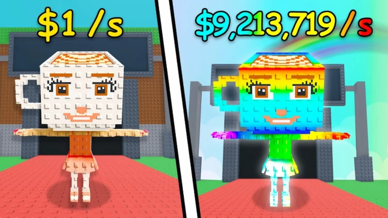 Side-by-side comparison in Roblox Steal a Brainrot showing a basic cup-headed character earning $1 per second on the left and a rainbow-colored upgraded version earning over $9 million per second on the right.