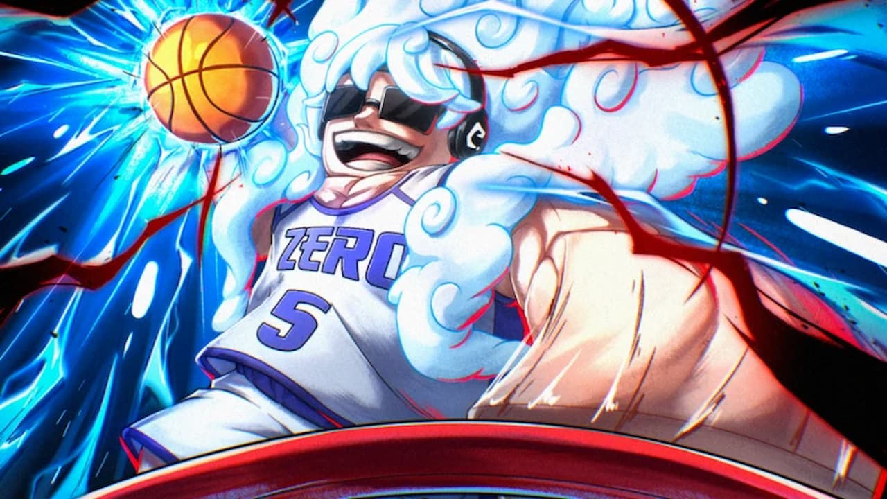 Anime-style Roblox character wearing a basketball jersey with “Zero” and the number 5, surrounded by swirling blue energy while holding a glowing basketball, promotional artwork for the Basketball Zero Spider vs Symbiote update.