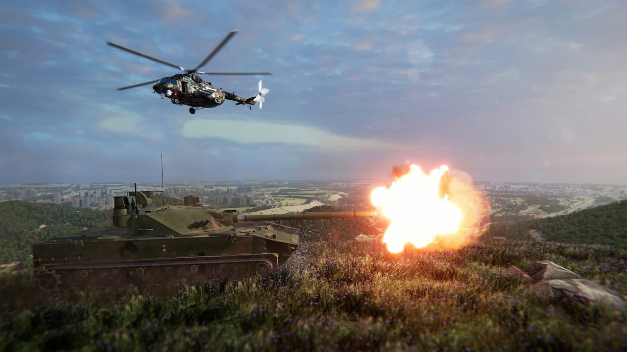 Tank firing alongside helicopter in Broken Arrow RTS game overlooking a city.