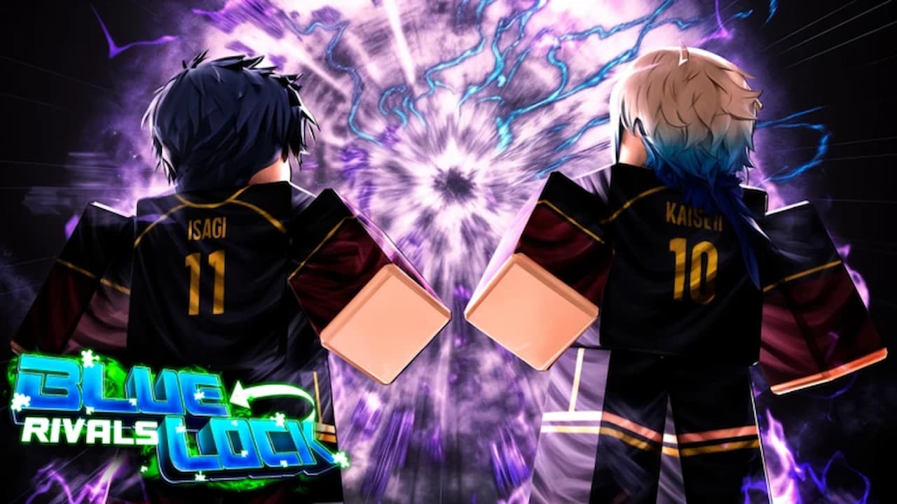 Isagi and Kaiser stand side by side in Blue Lock Rivals, facing a glowing purple energy vortex as they prepare to unleash their new Chemical Reaction combo move.