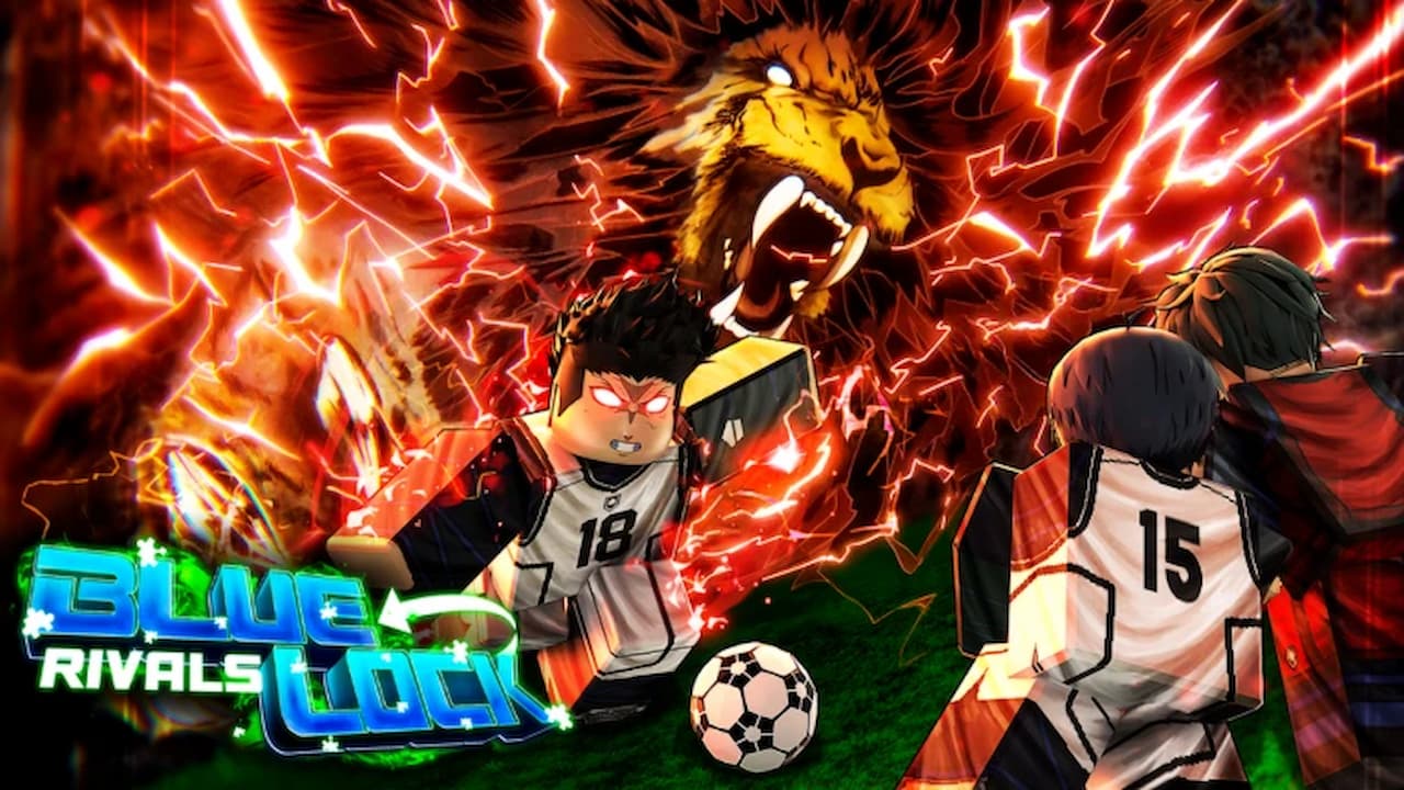 Roblox Blue Lock Rivals player in jersey 18 powering up with glowing red eyes and electric effects, while a lion roars in the background during the King awakening cutscene