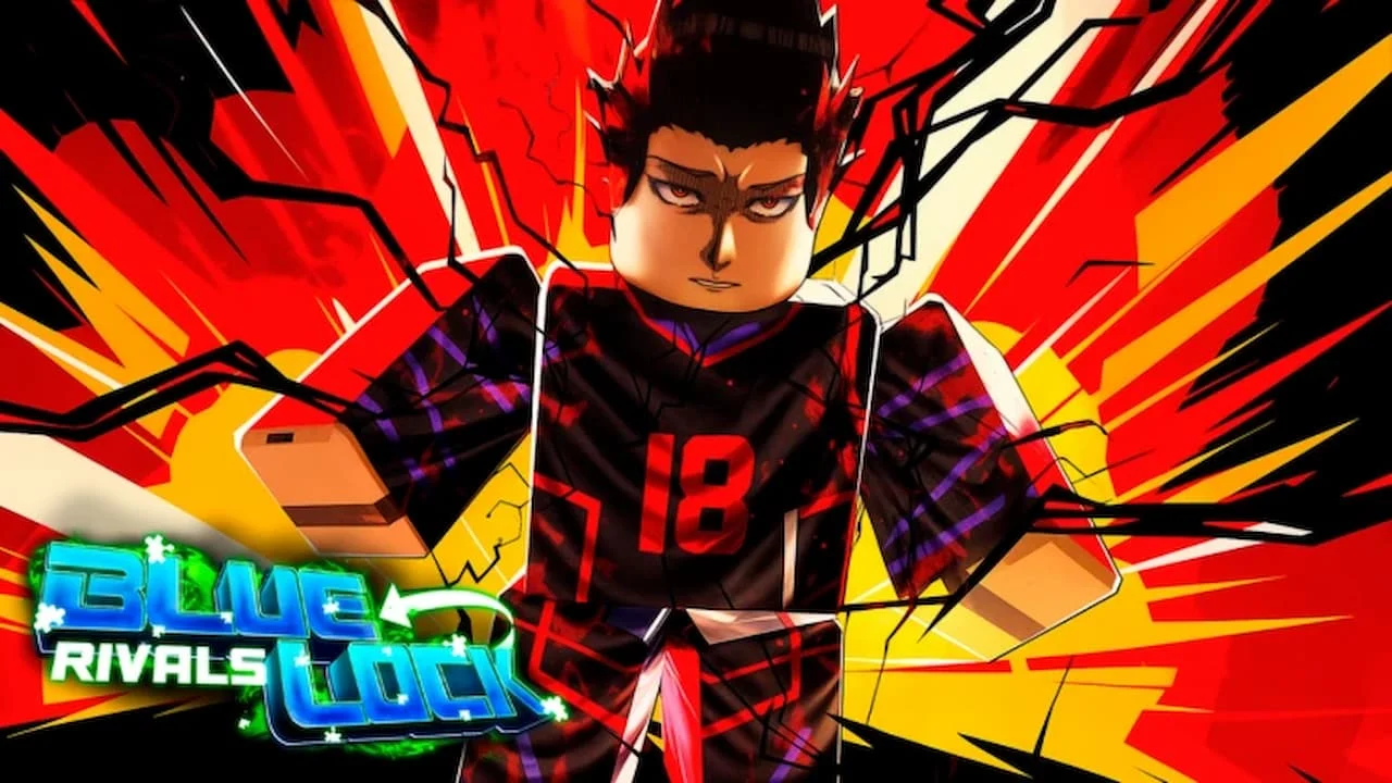 Roblox character in jersey 18 glowing with red and black energy during the Blue Lock Rivals Ranked update, with explosive background effects