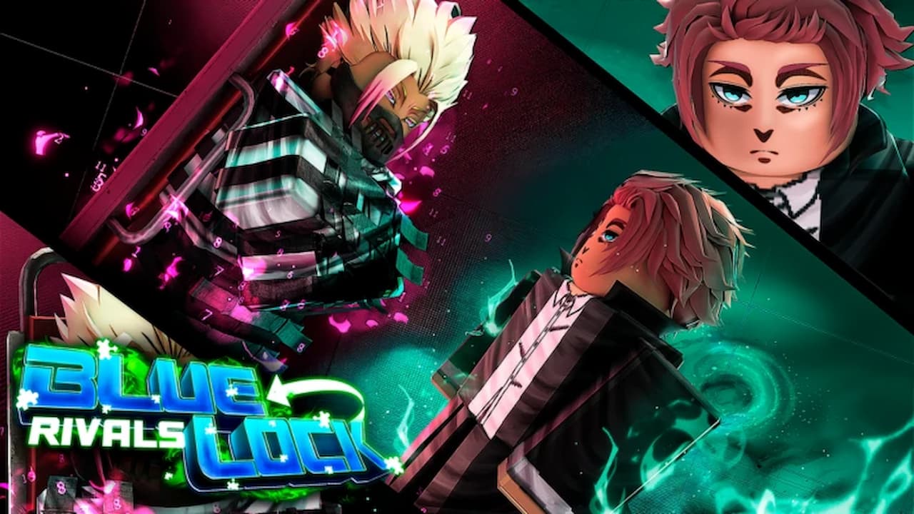Promotional artwork for Blue Lock Rivals on Roblox, featuring two anime-style characters inspired by Sae and Shidou surrounded by glowing pink and green effects, with the Blue Lock Rivals logo in the bottom left.