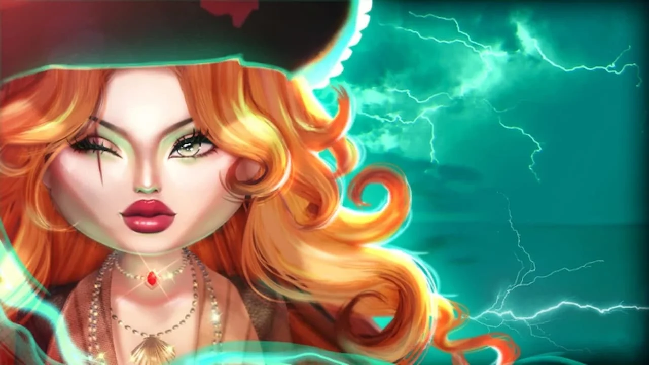Captain Scarlet from Dress To Impress Summer Quest with flowing red hair, a pirate hat, and glowing eyes, set against a stormy ocean with lightning in the background.