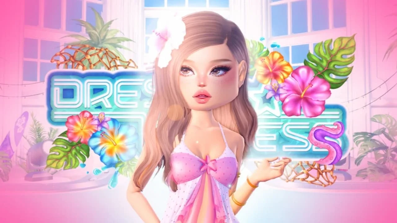 Stylized avatar from Roblox Dress to Impress in a pink summer dress, surrounded by tropical flowers, neon signage, and beach-themed decor during the Vanillamace Takeover update