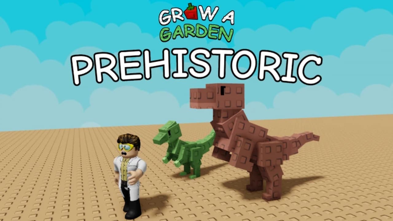 Roblox Grow a Garden Prehistoric update promotional image featuring a blocky scientist character and two dinosaur models, one green and one brown, standing on a tan brick floor with the game logo and the word ‘Prehistoric’ above them