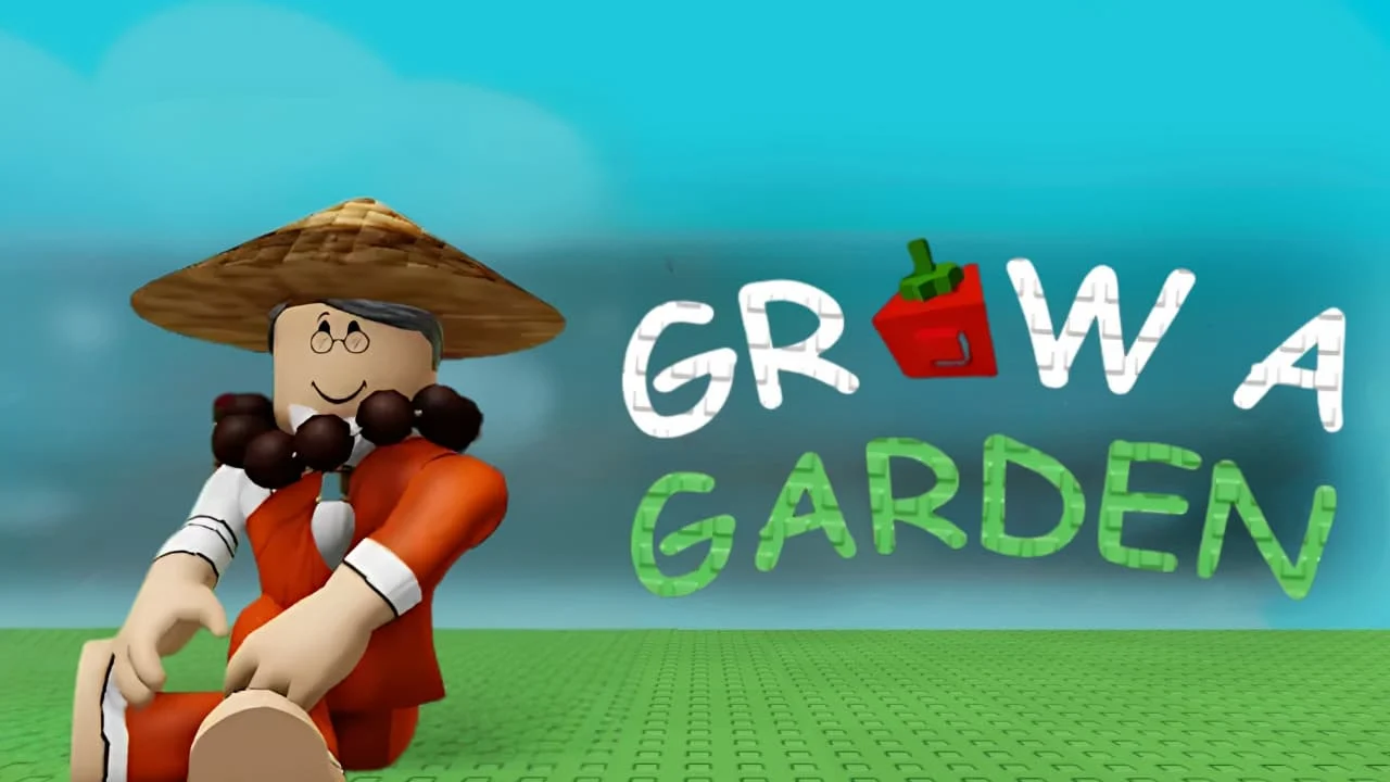 Roblox character dressed as a monk in orange robes with a straw hat and bead necklace, sitting on grass-like terrain next to the ‘Grow a Garden’ logo.