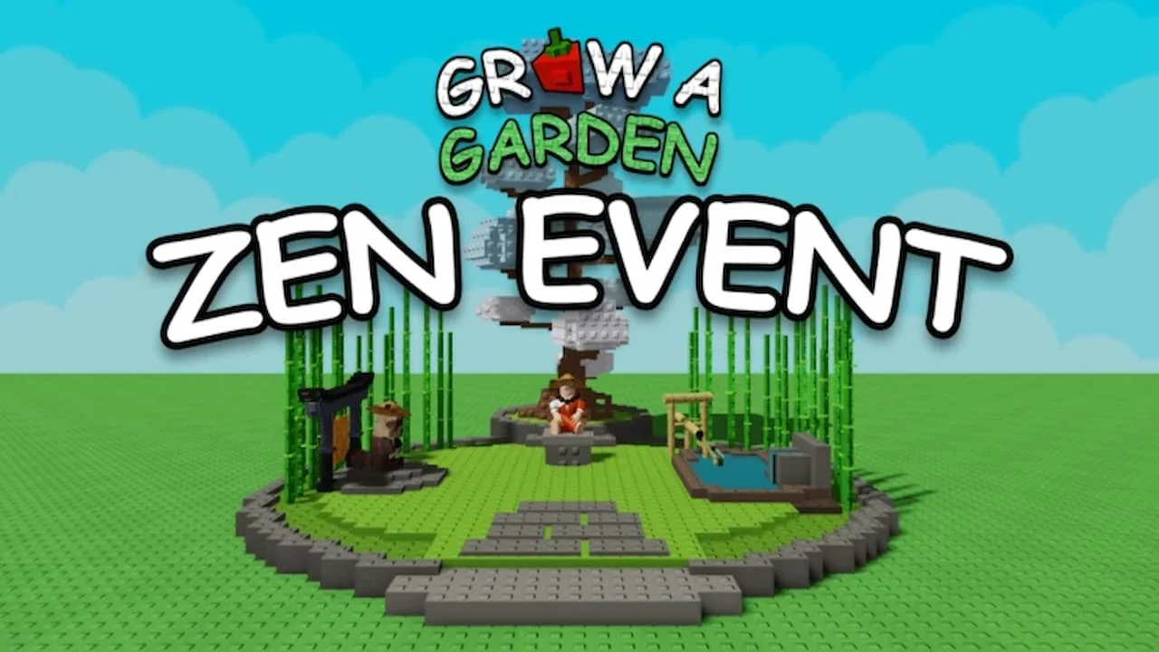 Grow a Garden Zen event update promotional artwork featuring a vibrant garden scene with new plants, peaceful pets, and tranquil scenery representing the update’s relaxing theme in the Roblox game.