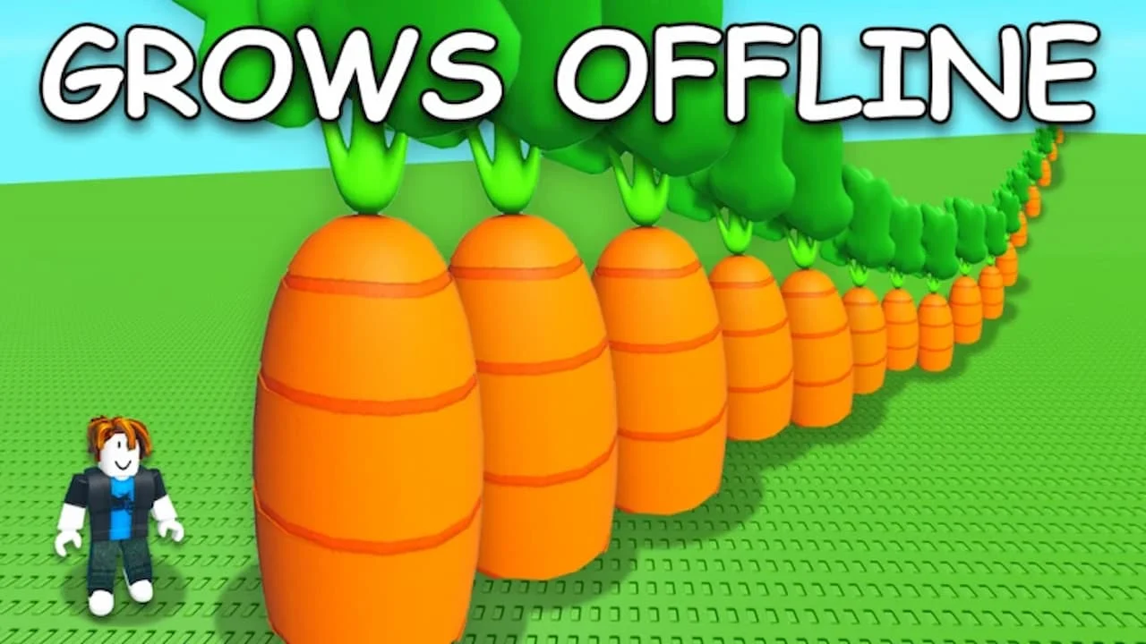 Roblox Grow a Garden game showing giant carrot crops lined up in a field for August 2025 codes, seeds, and pets tier list guide