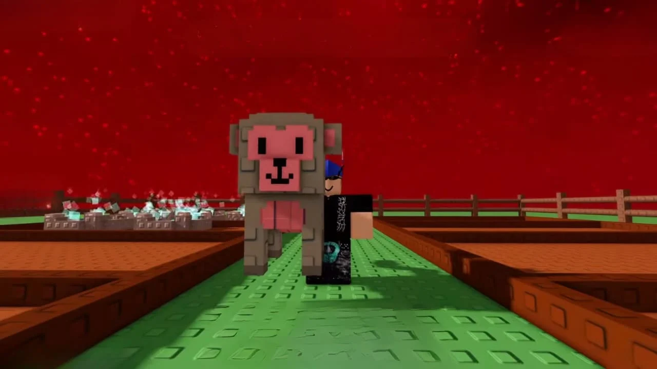 A Grow a Garden player standing behind a large pixel-style Nuranu pet in a red sky environment, with garden plots and hot springs visible in the background.
