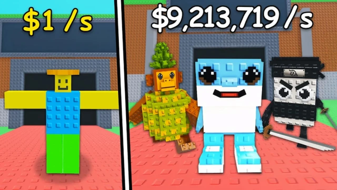 Comparison of basic and secret Brainrots in Steal a Brainrot, showing a $1 per second character on the left and three high-earning Secret Brainrots on the right, including a pineapple creature and a shark.