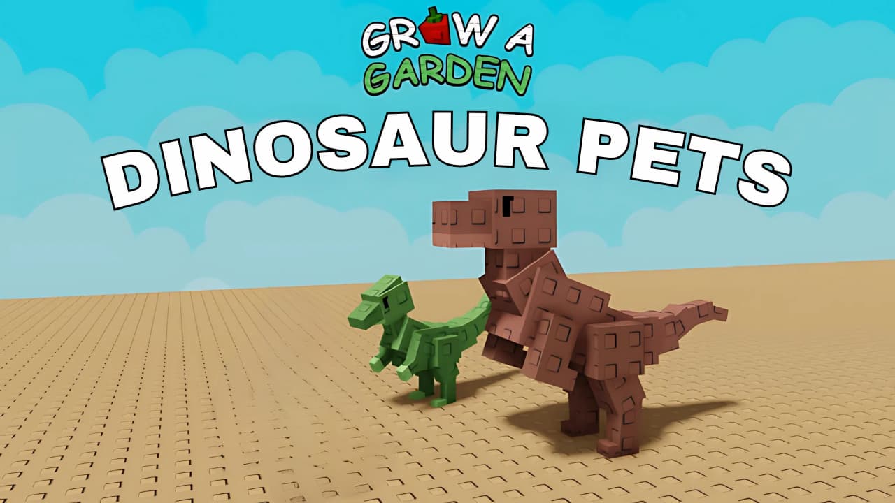 Two blocky dinosaur pets in Grow a Garden’s Prehistoric update on a desert platform