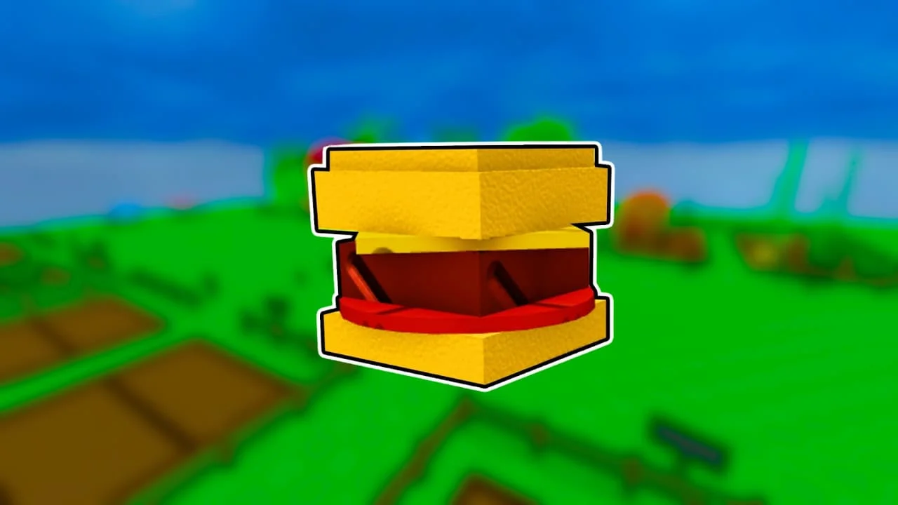In-game 3D model of a burger from Grow a Garden, featuring yellow blocky buns, a dark brown patty, and red layers representing tomato, shown against a blurred green landscape background.