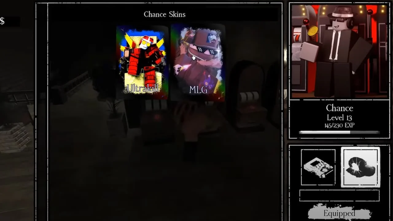 In-game screenshot from Forsaken showing the Chance Skins menu, with the Ultrakill skin on the left and the newly unlocked MLG Chance skin in the center, alongside the player’s Chance character stats on the right.