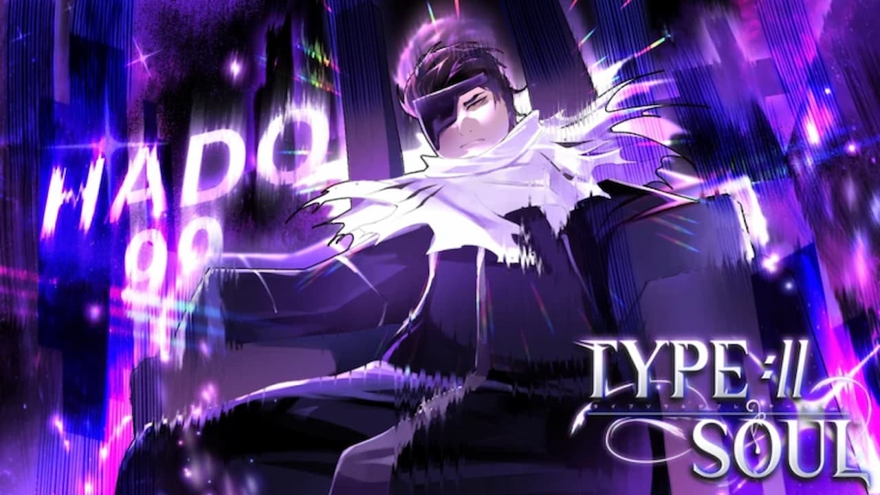 Anime-style illustration of a character from Roblox’s Type Soul casting a glowing purple Hado 99 attack, surrounded by bright energy effects, with the game’s title “Type Soul” in stylized text at the bottom right.