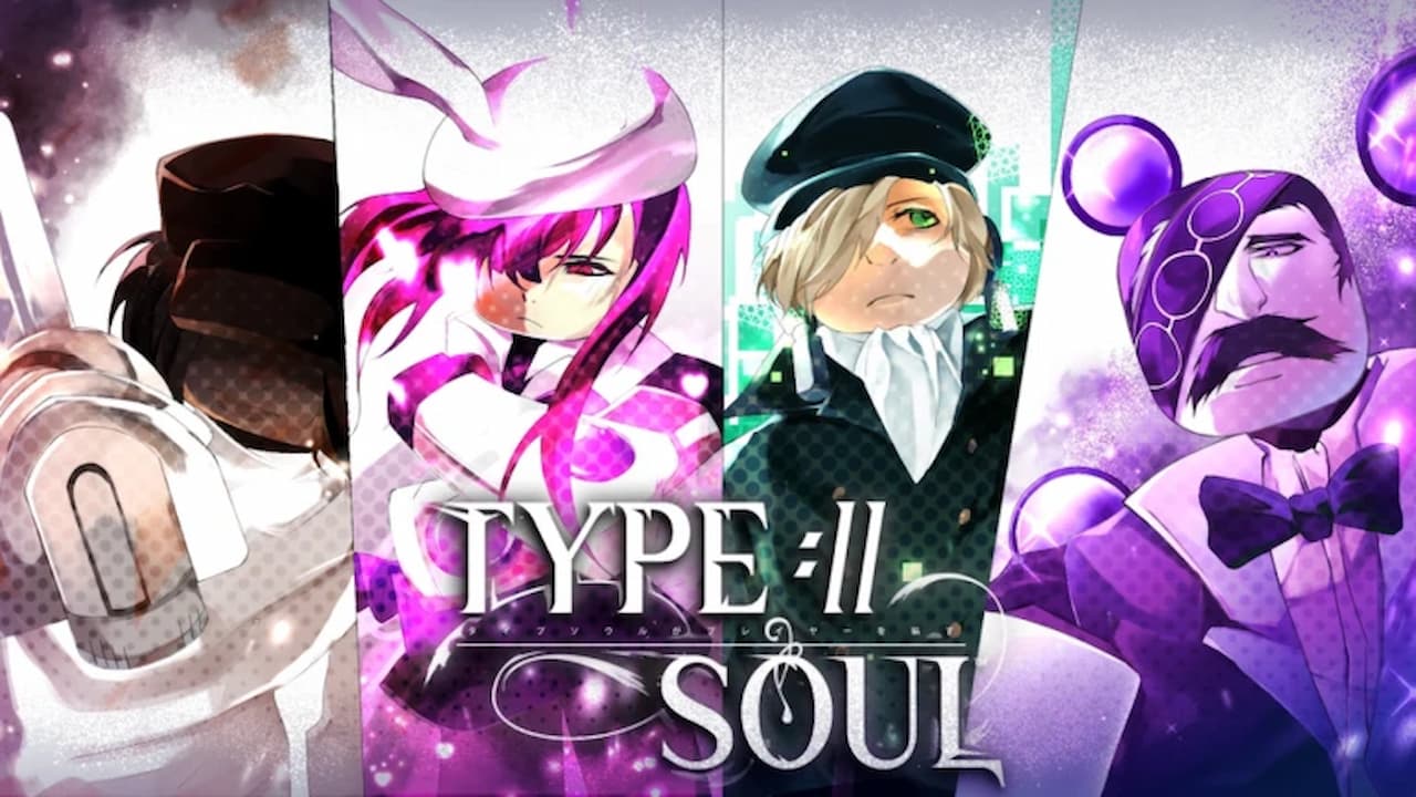 Four stylized Fullbringer characters from Type Soul stand side by side in a vibrant, anime-inspired promo image. Each character features a unique design, with glowing effects and bold colors, set against a cosmic backdrop with the Type Soul logo prominently displayed in the center.