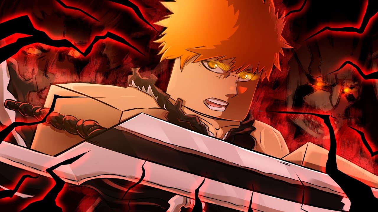 Anime-style Roblox character with spiky orange hair wielding a large black-and-white sword, surrounded by red lightning and ominous glowing-eyed figures in the background, inspired by Bleach’s Ichigo Kurosaki.