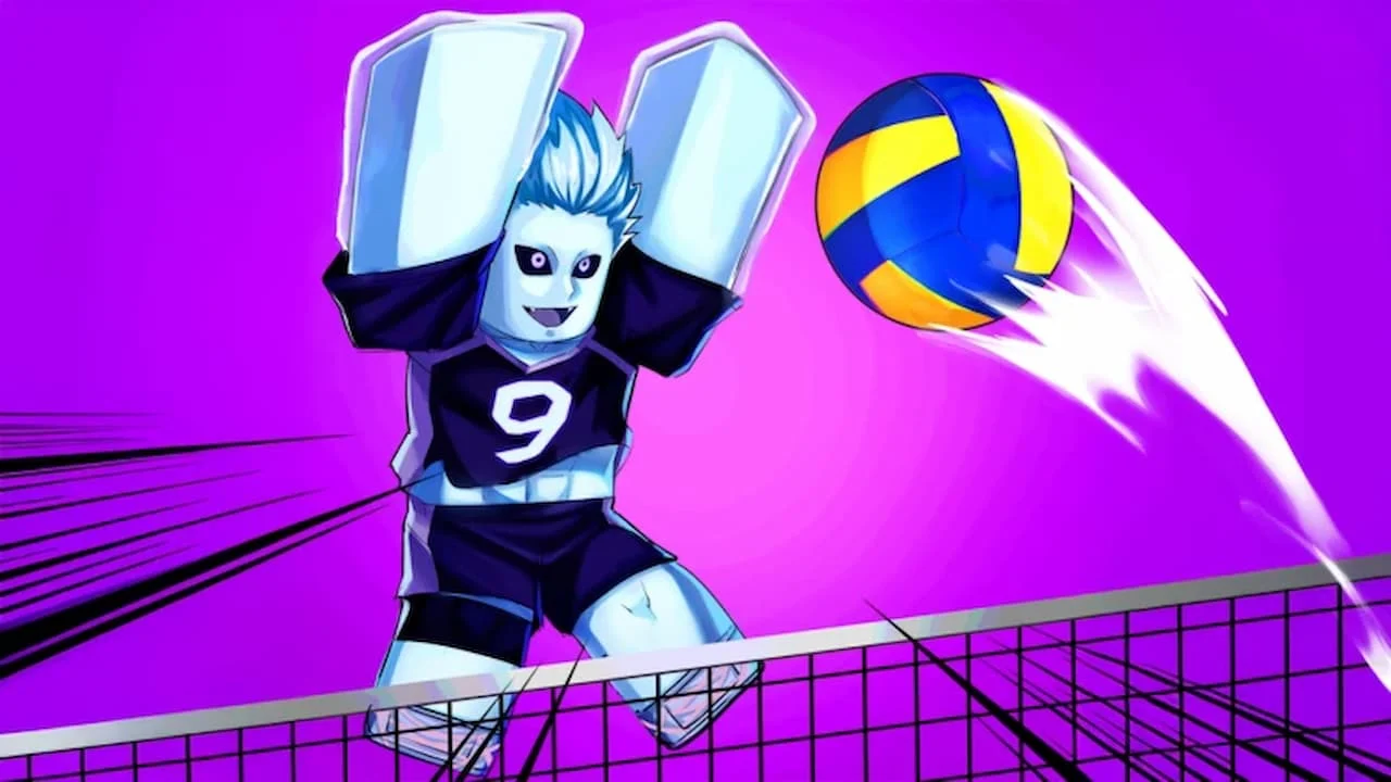 Mikage, the secret rainbow blocker in Volleyball Legends, leaps to block a fast-moving volleyball against a purple background with anime-style effects.
