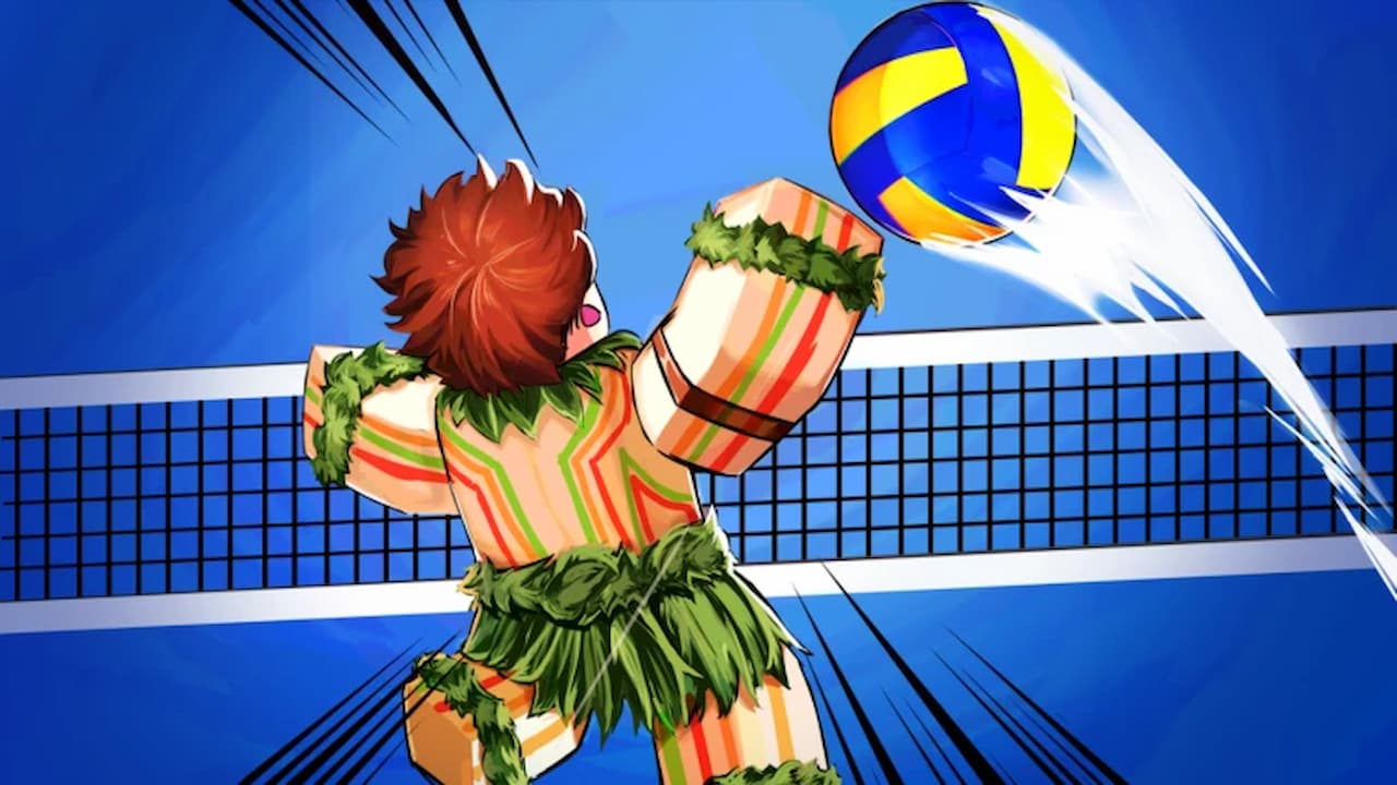 Roblox character spiking a volleyball over the net with dynamic motion effects, promoting Volleyball Legends Season 5 update and its volcanic theme