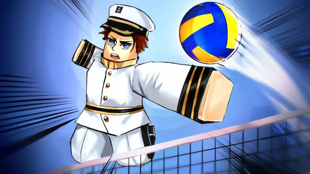 Roblox-style character in a white naval uniform spiking a volleyball over the net with dramatic action lines in the background, promotional artwork for Volleyball Legends Season 7.