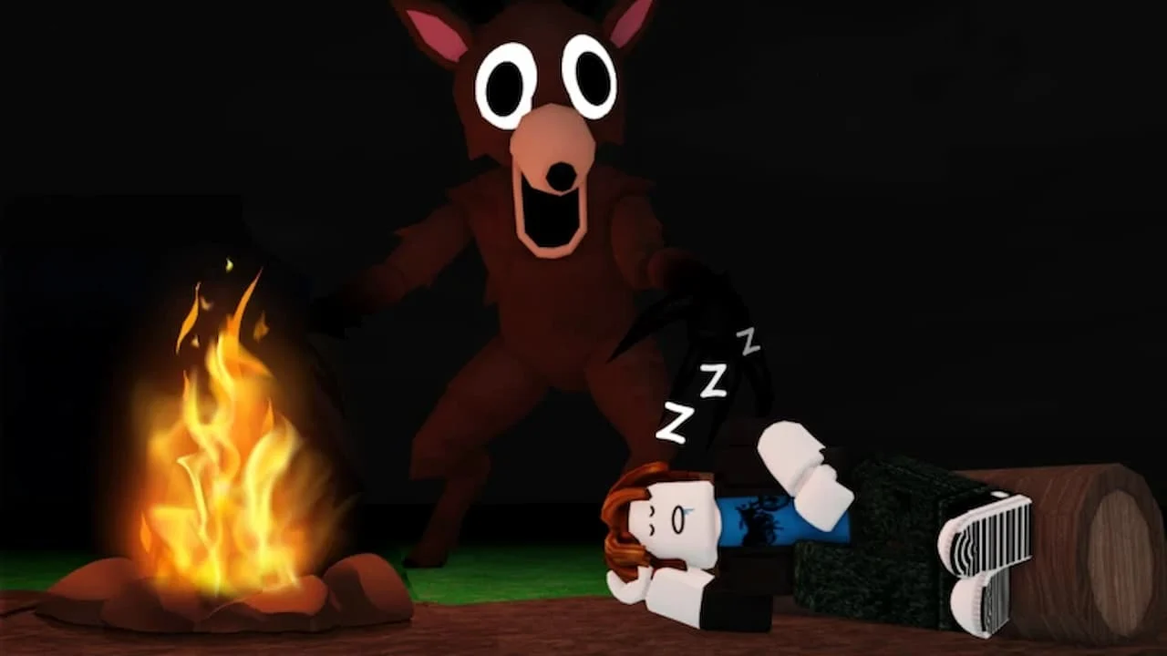 Roblox character sleeping beside a campfire in a dark forest while a creepy creature with large eyes looms behind them in 99 Nights in the Forest