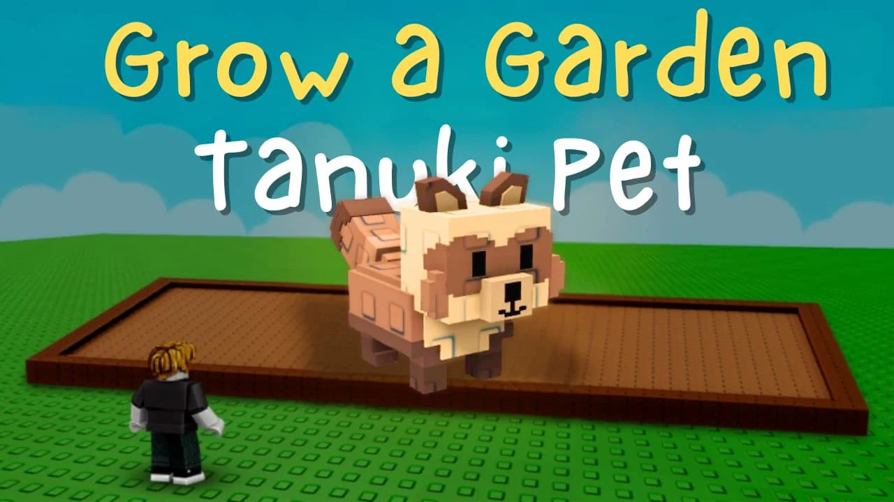 Blocky Tanuki pet in Grow a Garden standing on a garden plot with a player nearby, featured in the Zen update